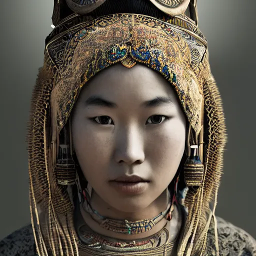 Image similar to vintage portrait of a stunningly beautiful asian tribal female, depth of field, zeiss lens, detailed, symmetrical, centered, fashion photoshoot, by edward s curtis, Annie Leibovitz and Steve McCurry, David Lazar, Jimmy Nelsson, Breathtaking, 8k resolution, extremely detailed, beautiful, establishing shot, artistic, hyperrealistic, beautiful face, octane render