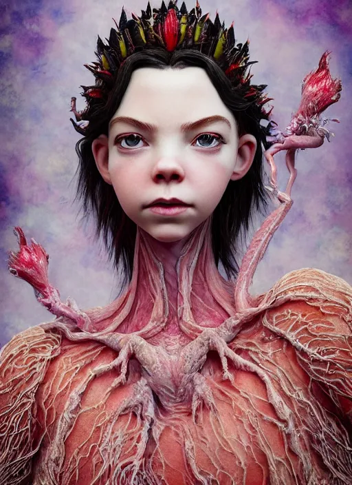 Image similar to hyper detailed 3d render like a Oil painting - very coherent Concrete displacement mapped profile subsurface scattering (a beautiful fae princess protective playful expressive from dark crystal that looks like Anya Taylor-Joy) seen red carpet photoshoot in UVIVF posing in scaly dress to Eat of the Strangling network of yellowcake aerochrome and milky Fruit and His delicate Hands hold of gossamer polyp blossoms bring iridescent fungal flowers whose spores black the foolish stars by Jacek Yerka, Ilya Kuvshinov, Mariusz Lewandowski, Houdini algorithmic generative render, golen ratio, Abstract brush strokes, Masterpiece, Victor Nizovtsev and James Gilleard, Zdzislaw Beksinski, Tom Whalen, Mark Ryden, Wolfgang Lettl, hints of Yayoi Kasuma and Dr. Seuss, Grant Wood, octane render, 8k