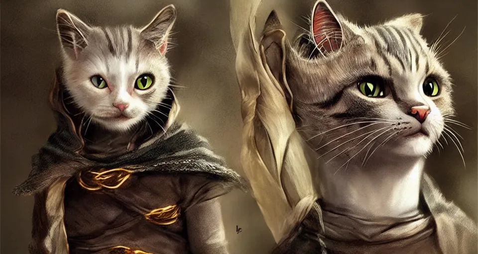 Image similar to if cats were lord of the rings characters, lotr, cats, cats dressed in lotr costumes, hobbits, gandalf, elves, dwarves, 4 k, hyper realistic, artstation