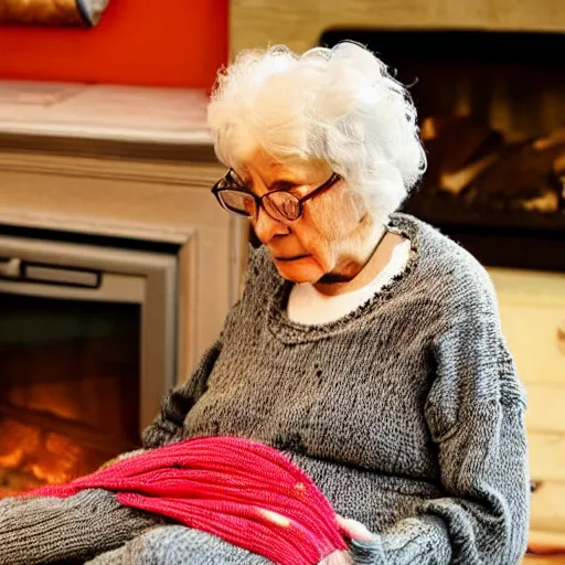 Image similar to an old woman knits a sweater made out of writhing worms in a rocking chair in front of a fireplace, horror movie still