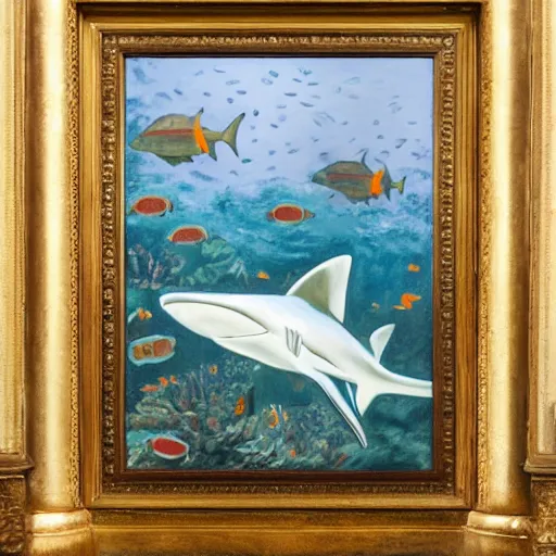 Image similar to oil painting of a white tip reef shark working as a coldstream guard outside the royal palace