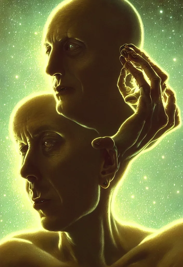 Image similar to Maynard James Keenan being abducted by aliens, close up, 80mm, dark light night, intricate, elegant, sharp focus, illustration, highly detailed, digital painting, concept art, matte, art by WLOP and Artgerm and Greg Rutkowski and Alphonse Mucha, masterpiece