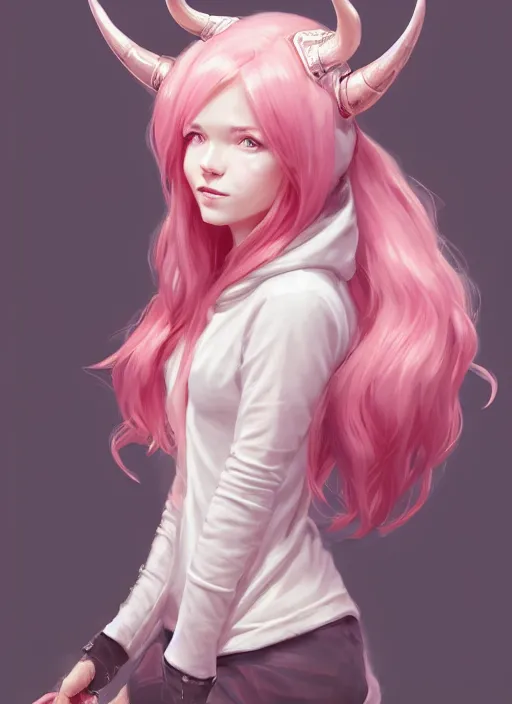 Image similar to a highly detailed illustration of cute smug pink haired pale girl with curved horns wearing oversized pink hoodie, dramatic smirk pose, intricate, elegant, highly detailed, centered, soft light, character design, cushart krenz, digital painting, artstation, concept art, smooth, sharp focus, league of legends concept art, wlop.