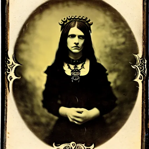 Image similar to daugerreotype of cthulhu high priestess. ambrotype of occult priestess. tintype of a beautiful woman. priestess of dagon. cursed priestess. daugerreotype. baroque frame