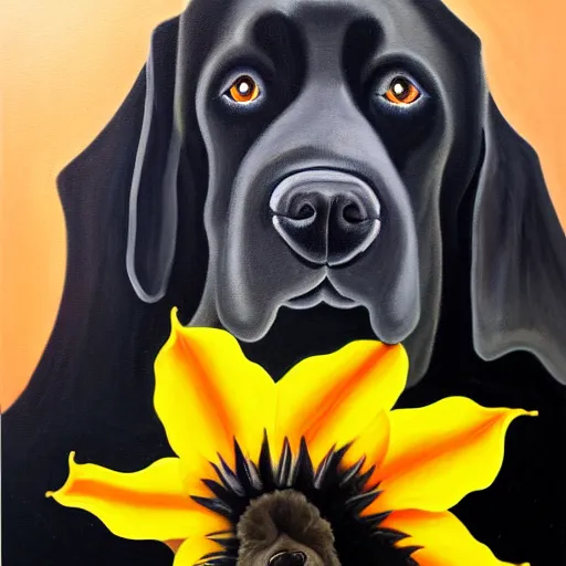 Image similar to oil painting of a vicious black dog bearing its fangs next to brugmansia suaveolens flowers, dark background, scary