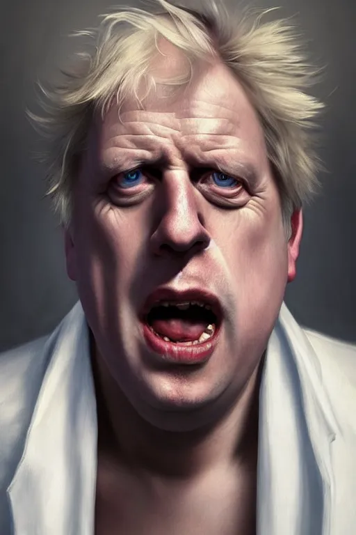 Image similar to Boris Johnson as drunk genius Rick Sanchez, one eyebrow, white robe, big eyes, 2d portrait, symmetrical, highly detailed, digital painting, artstation, concept art, smooth, sharp focus, illustration, cinematic lighting, art by artgerm and greg rutkowski and alphonse mucha