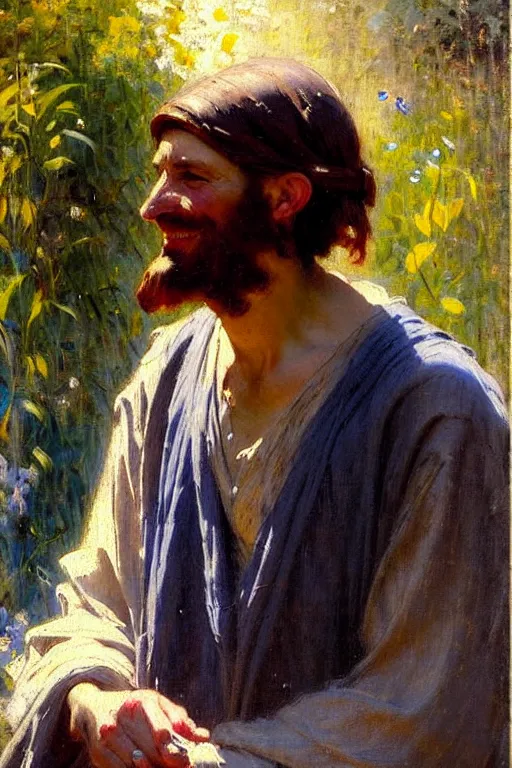 Image similar to impressionist brushstrokes!!!!!!!!! solomon joseph solomon and richard schmid and jeremy lipking victorian loose genre loose painting full length portrait painting of jesus with a slight smile happy inviting