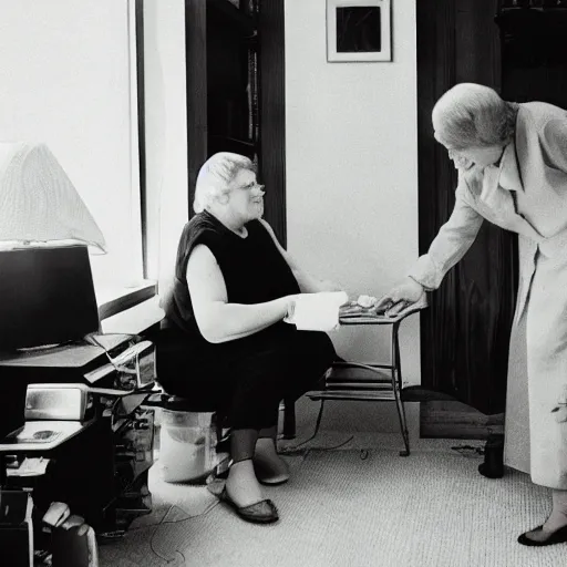 Image similar to a woman showing her mother how ai works, professional photo, 3 5 mm