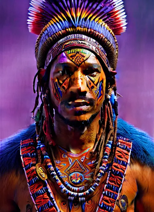 Image similar to portrait of laz alonso, hyper detailed ultra sharp aztec shaman warrior. trending on artstation, warpaint aesthetic, bloodwave, colorful, psychedelic, ornate, intricate, digital painting, concept art, smooth, sharp focus, illustration, art by artgerm and greg rutkowski and h. r. giger, 8 k