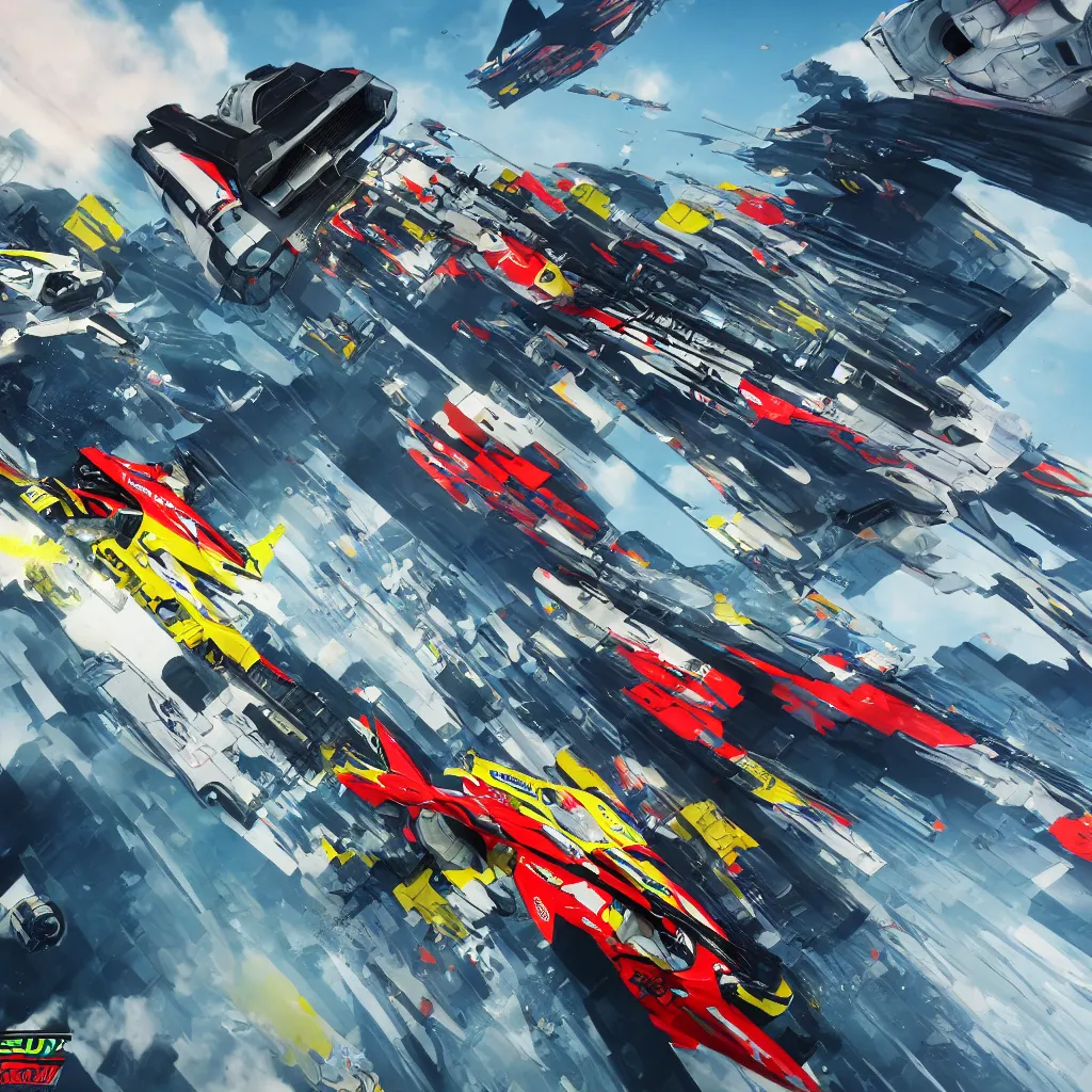 Image similar to detailed render, wipeout ag racing, the designer's republic, artwork, feisar, cinematic shot, 4 k render