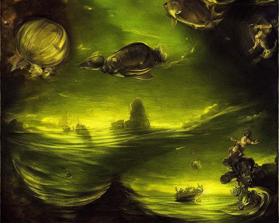 Prompt: a green pixar lamp on the bottom of the ocean by Raphael, Goya, and Tintoretto. detailed, trending on artstation.