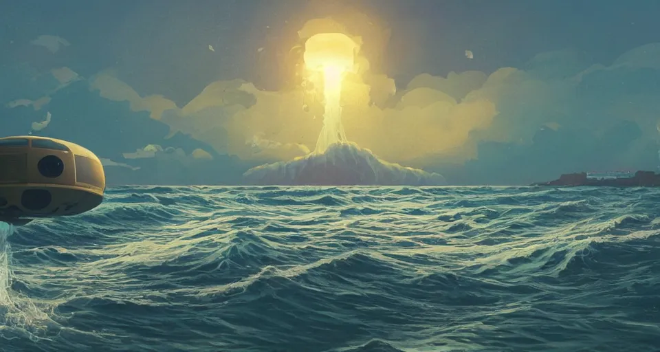 Image similar to A very beautiful serene coastal landscape scene with a GIANT MECHA JELLYFISH looming in the distance, bright sunny the great waves of kanagawa splashing on the beach, Translucent rendered by simon stålenhag, rendered by Beeple, Makoto Shinkai, syd meade, environment concept, digital art, starwars, unreal engine, 3 point perspective, WLOP, trending on artstation, low level, 4K UHD image, octane render,