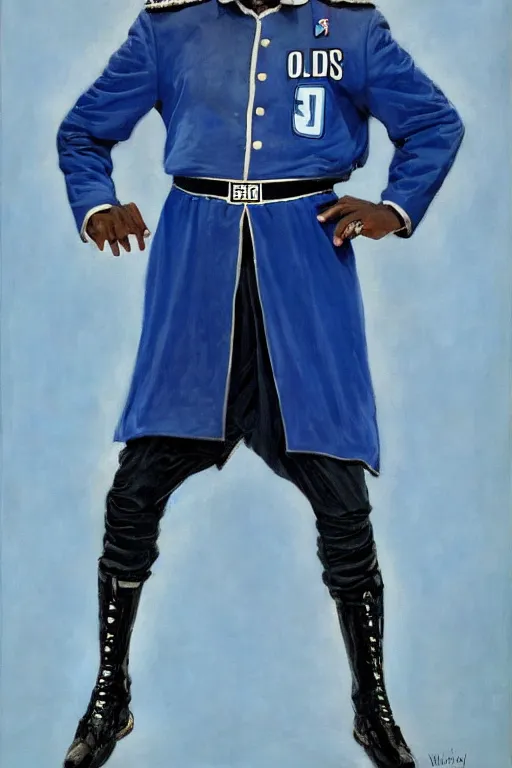 Prompt: full body portrait of shaquille o'neil as the dictator of the orlando magic, 1 8 8 9, in full military garb, magic blue, silver, and black, oil on canvas by william sidney mount, trending on artstation