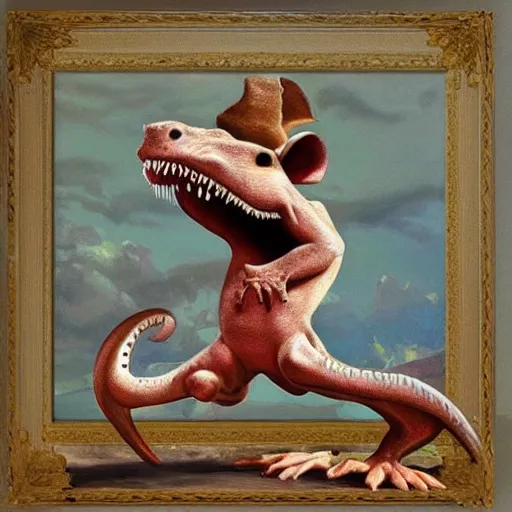 Image similar to dino mouse, epic pose, fine painting