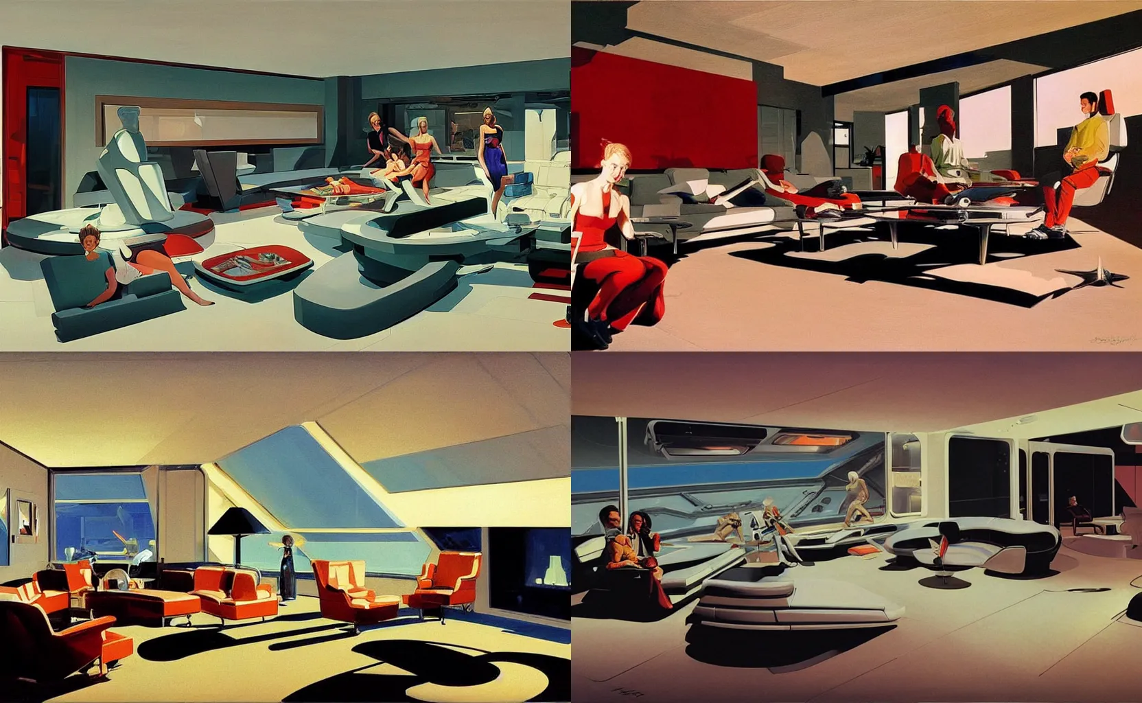 Prompt: the inside of a family living room in the far future, in space, sleek, futuristic, sci-fi, painting by Syd Mead and Edward Hopper