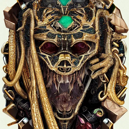 Prompt: aan out ofeasternaesthetic, trending, a full bodybearding world wide web of terrifying creatures, beautiful fine detailing, cyberpunk thrill made of gold and jade and ruby swords, made out of