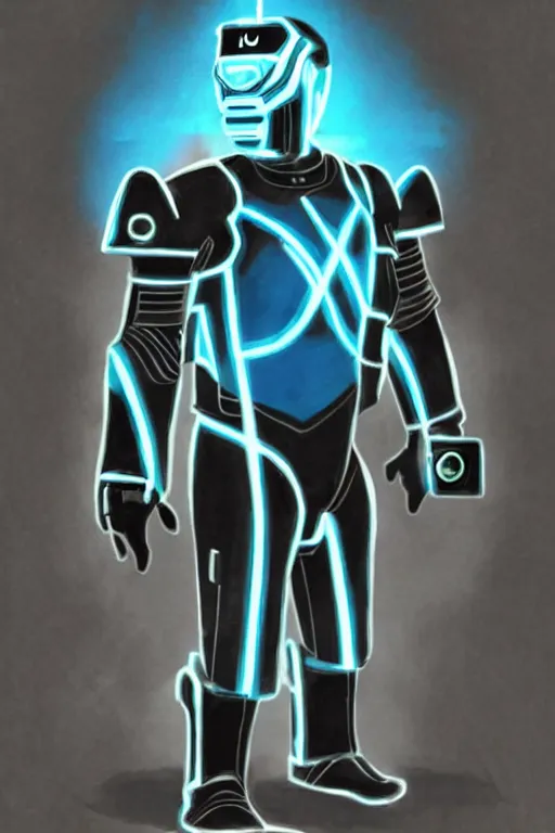 Image similar to tron themed fallout power armor, by craig mullins