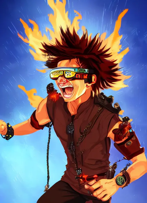 Prompt: An Artstation drawing style of young man with red spiked long hair, using an orange lens steampunk googles. Wearing white shirt, a black waistcoat, brown pants and black boots. He is throwing a wild fire blast from his hands, with a vicious smile in face. He is in a scorched land with a blue sky.