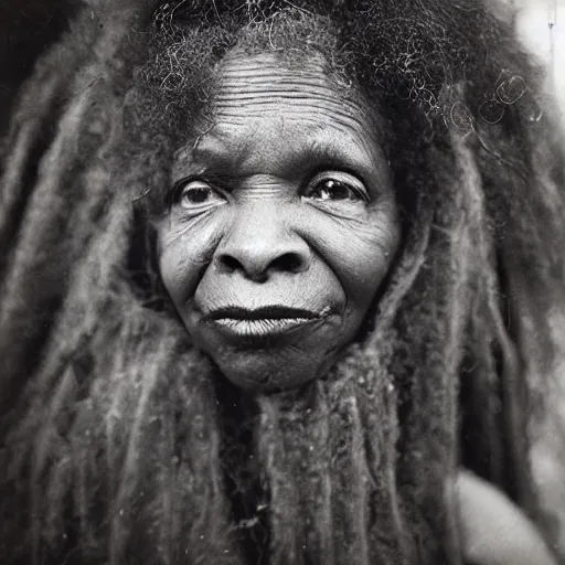 Image similar to old afro woman in the woods, close - up photograph, by sally mann