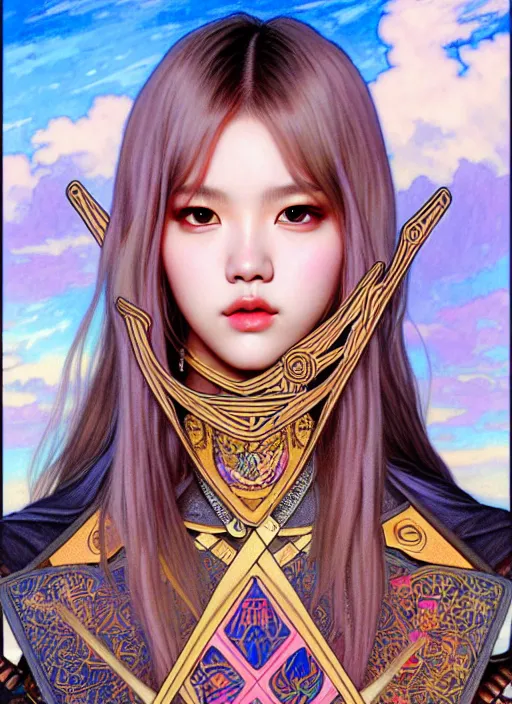 Image similar to lalisa manoban of blackpink, medieval armor, tarot card, highly detailed, digital painting, smooth, sharp focus, illustration, ultra realistic, 8 k, art by artgerm and alphonse mucha