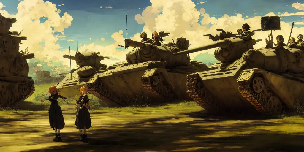 Image similar to baroque oil painting of key visual environment concept art of anime maids riding early tanks in the great war, brutalist fantasy, rule of thirds golden ratio, fake detail, trending pixiv fanbox, acrylic palette knife, style of makoto shinkai ghibli takashi takeuchi yoshiyuki sadamoto jamie wyeth james gilleard greg rutkowski chiho aoshima