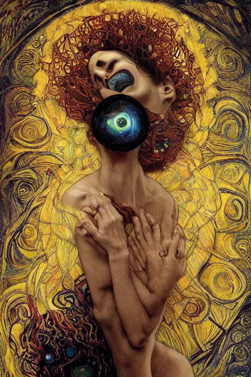 Image similar to Intermittent Chance of Chaos Muse by Karol Bak, Jean Deville, Gustav Klimt, and Vincent Van Gogh, beautiful Surreality portrait, enigma, Loki's Pet Project, destiny, Poe's Angel, fate, inspiration, muse, otherworldly, fractal structures, arcane, ornate gilded medieval icon, third eye, spirals