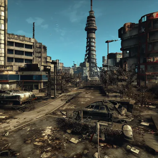 Image similar to Tokyo in ruins post-nuclear war in Fallout 4, in game screenshot