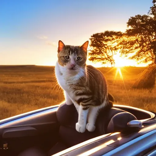 Image similar to cat cruising in a cabriolet, golden hour, front top side view, golden ratio, idyllic setting