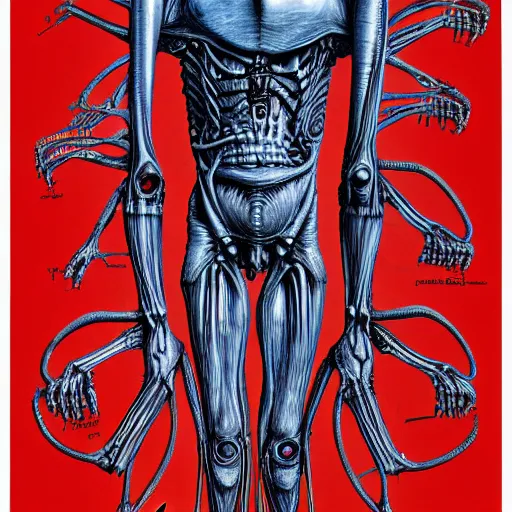 Image similar to anatomically correct diagram of 3 legged alien, h. r. giger, red and blue, 8 feet fall