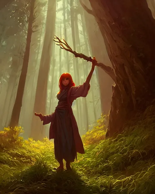 Image similar to highly detailed vfx portrait of a mage casting a wood spell, unreal engine, greg rutkowski, loish, rhads, beeple, makoto shinkai and lois van baarle, ilya kuvshinov, rossdraws, tom bagshaw, alphonse mucha, global illumination, detailed and intricate environment