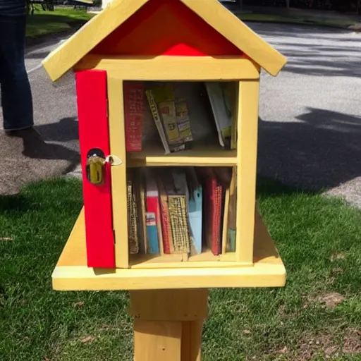 Prompt: claymation style little free library filled with spaghetti