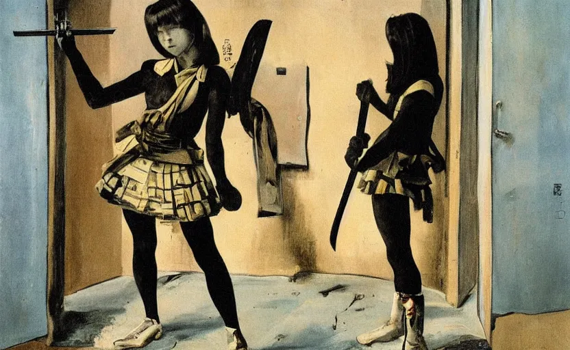 Image similar to School girl holding a katana and standing on an abandoned hospital room, by Salvador Dali