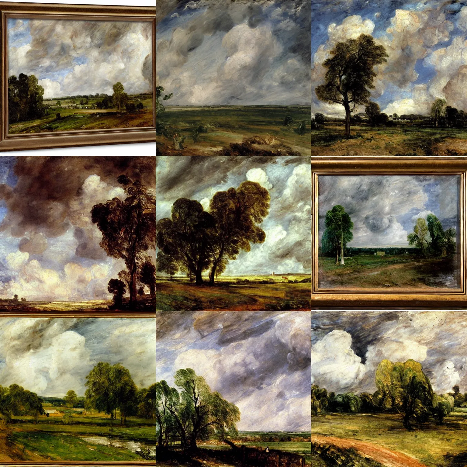 Prompt: a landscape painting by john constable, billowing clouds, trees