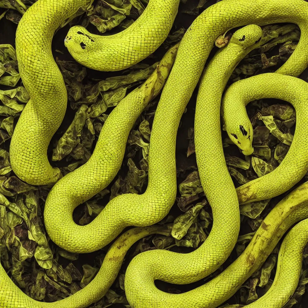 Prompt: snakes that look like very ripe bananas, and form a complex fractal, cracked, vegetable foliage, art nouveau fractal with petal shape, and stems, mesh roots, hyper real, food photography, high quality