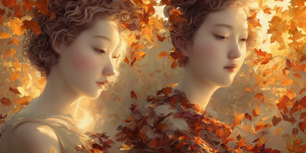 Image similar to breathtaking detailed concept art painting art deco pattern of short hair curly blonde goddesses faces amalgamation autumn leaves, by hsiao - ron cheng and volegov, bizarre compositions, exquisite detail, extremely moody lighting, 8 k