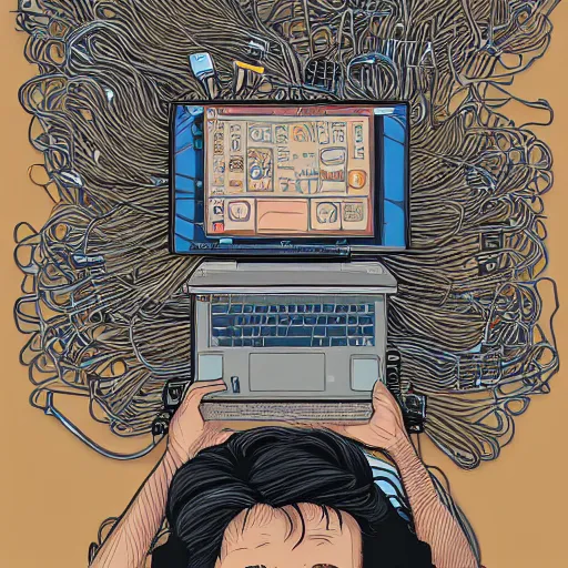 Image similar to illustration of a boy connected to his laptop with hundreds of wires, highly detailed, by ghibli, butcher billy, mcbess, rutkowski, james jean, 8 k, photorealistic