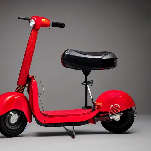 Prompt: vintage analog product photography of an electric scooter made of leather, 70s design, bright red, studio lighting, film grain, lensflare, color bleed, glare