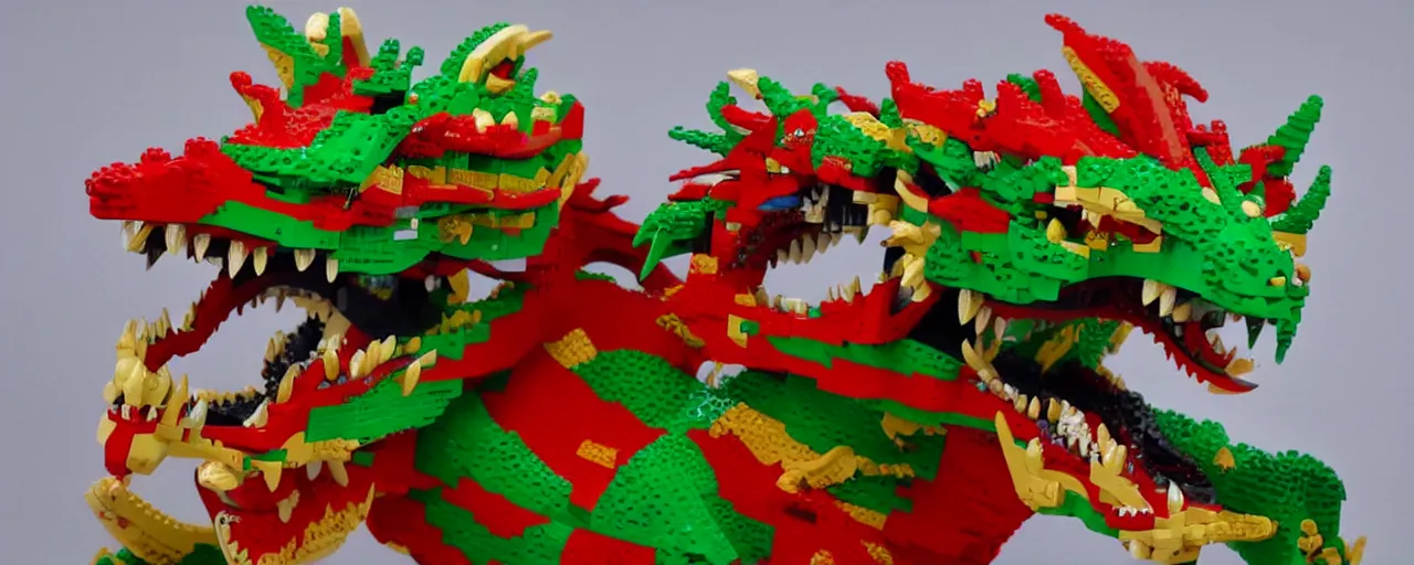 Image similar to Chinese beautiful dragon, with green and red scales, golden mask, sharp teeth, made of LEGO, in the style of LEGO