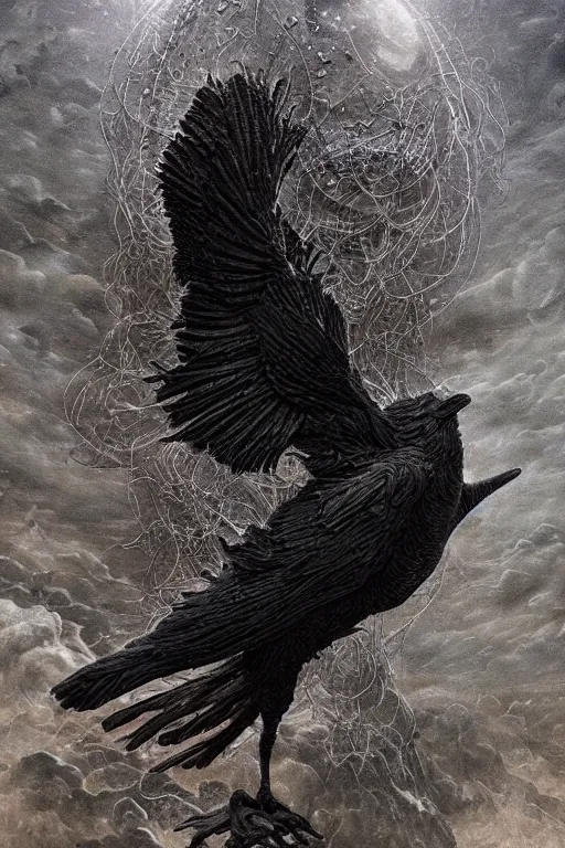 Image similar to Intricate stunning highly detailed raven by agostino arrivabene and Vladimir Kush, surreal metal sculpture, ultra realistic, Horror, dramatic lighting, full moon, blood moon, thick black swirling smoke tornado, burning fire embers, artstation