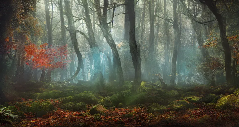 Prompt: a mystical forest, realistic, very detailed, photorealism, 8k, unreal engine 5, photo, colorful, by Alyssa Monks