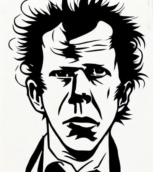 Prompt: portrait of Tom Waits artwork created by Mike Mignola, shaded ink illustration