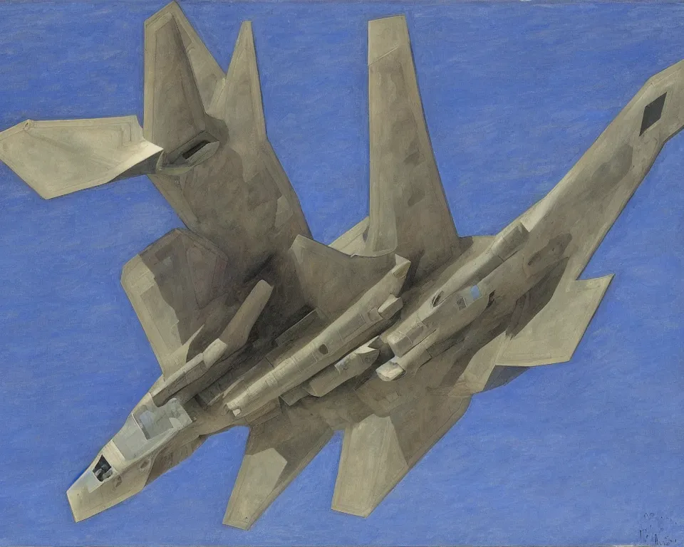 Prompt: an abstract, flat side view of an F-22 Raptor at full afterburner. intricate, vibrant, Raphael, Monet, Rene Margritte.