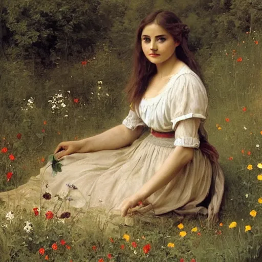 Image similar to jenna coleman sitting in a field of wildflowers. beautiful painting by bouguereau.