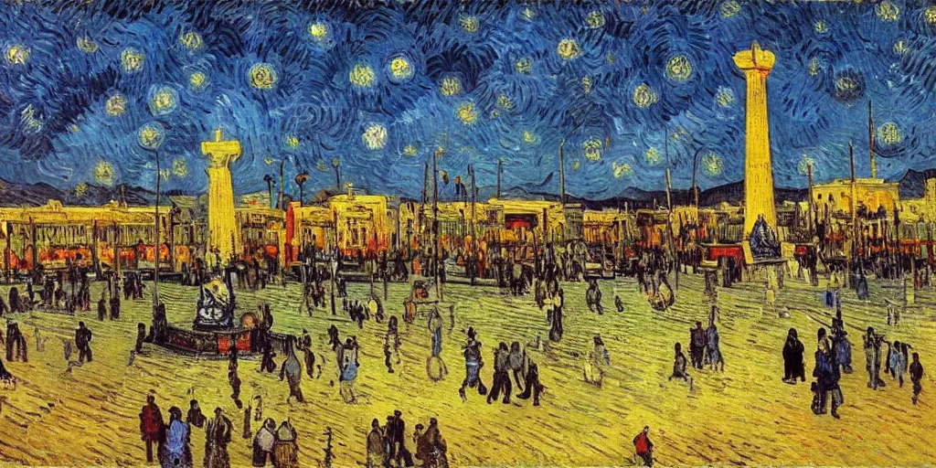 Image similar to painting of azadi square, tehran, early morning, cloudy, by van gogh