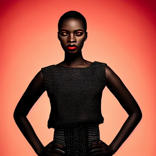 Prompt: studio portrait, retouched African fashion model, high contrast, taken with hasselblad camera, vogue, solid color backdrop, studio lighting