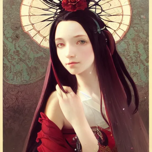 Prompt: a beautiful portrait of hatsune miku with long black and deep red colored hair dressed as a 1 9 th century european noblewoman, intricate, elegant, highly detailed, digital painting, artstation, concept art, matte, sharp focus, illustration, art by greg rutkowski and alphonse mucha