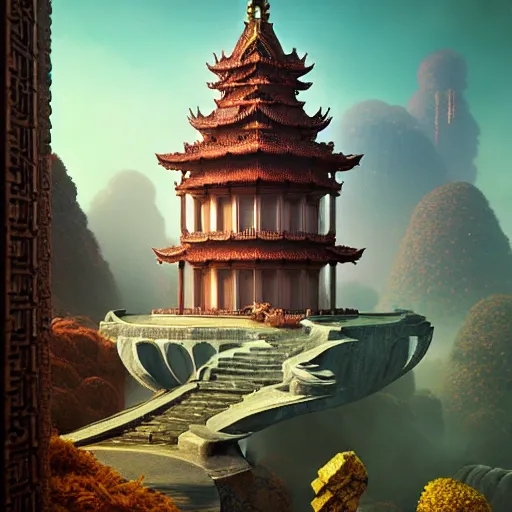 Prompt: infinite final fantasy landscape fall god temple, moody : : wes anderson, roger dean, sophie anderson, esao andrews : : ornate, dynamic, particulate, intricate, elegant, highly detailed, centered, artstation, smooth, sharp focus, octane render, 3 d