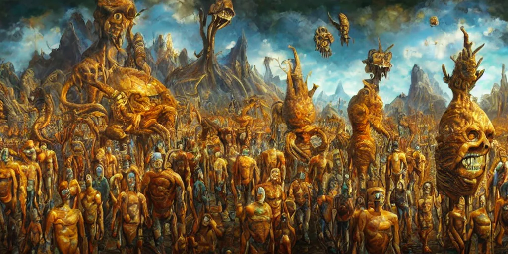 Prompt: surreal landscape full color oil painting of a terrifying bizarre parade deep perspective small biomorphic creatures in background large disturbing humanoids in the foreground perfect composition golden ratio epic scene hyperrealistic detail