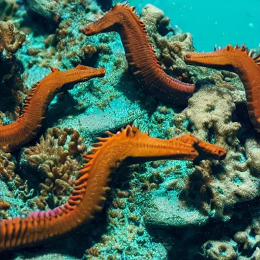 Prompt: a herd of seahorses with horse heads swimming in a bleached coral reef