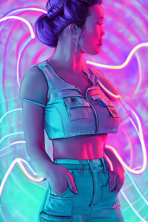 Image similar to a award winning half body portrait of a beautiful woman with stunning eyes in a croptop and cargo pants with ombre purple pink teal hairstyle and hands in pockets by thomas danthony, surrounded by whirling illuminated lines, outrun, vaporware, shaded flat illustration, digital art, trending on artstation, highly detailed, fine detail, intricate